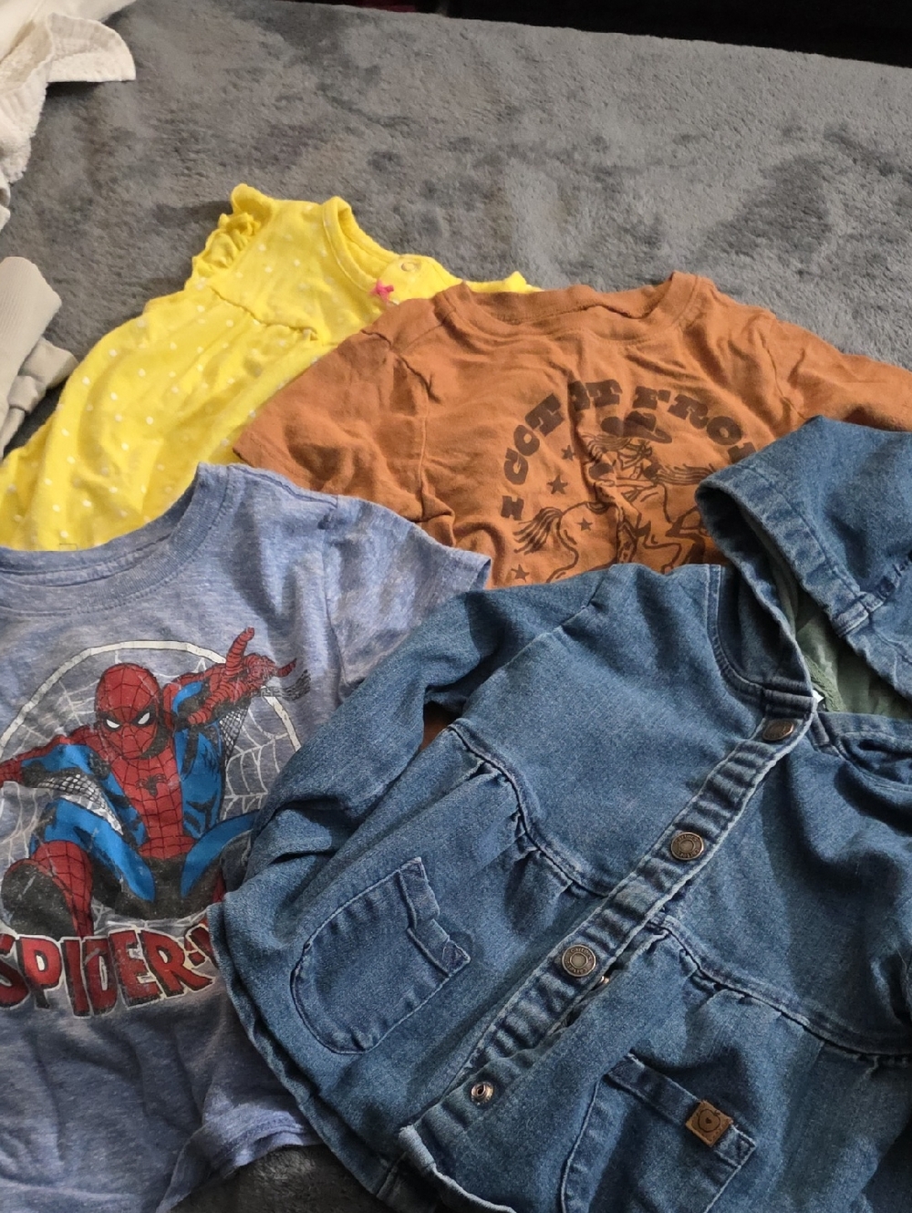 Spider-Man Blue Tee, Yellow Dress, Rust Graphic Tee & Denim Jacket Bundle